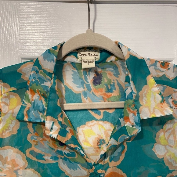 Love Notes Size S Turquoise Floral Sheer Button Down Sleeveless Top - Picture 4 of 9